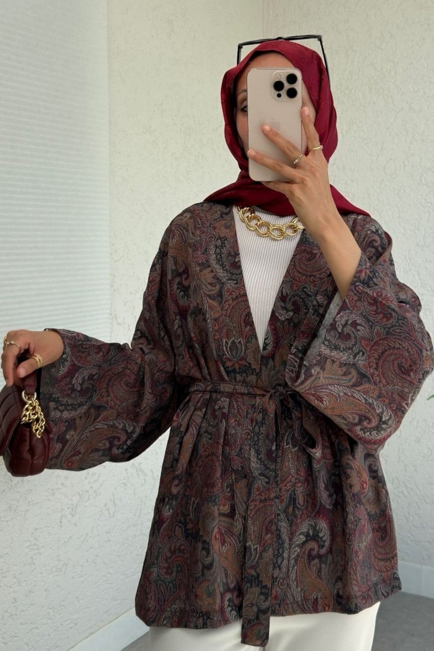 Etnik Desenli Bağcıklı Kimono -Kahve