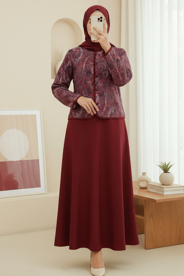 Etnik Desenli Top Düğmeli Scuba Takım  -Bordo