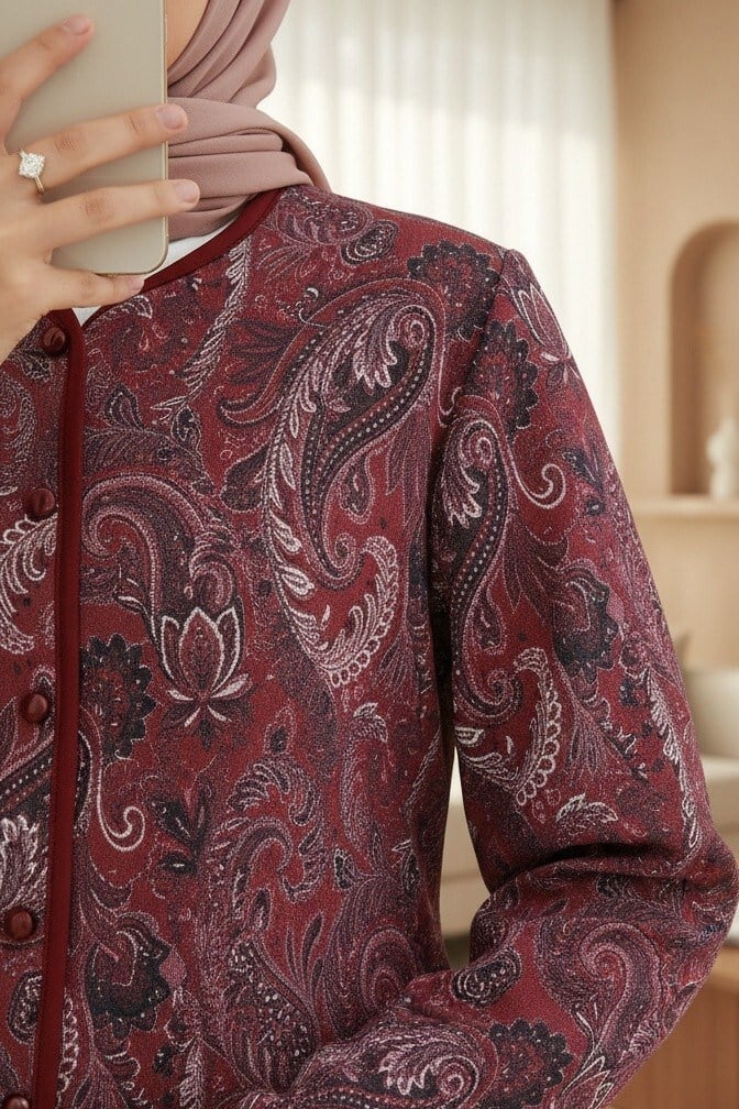 Etnik Desenli Top Düğmeli Scuba Takım  -Bordo