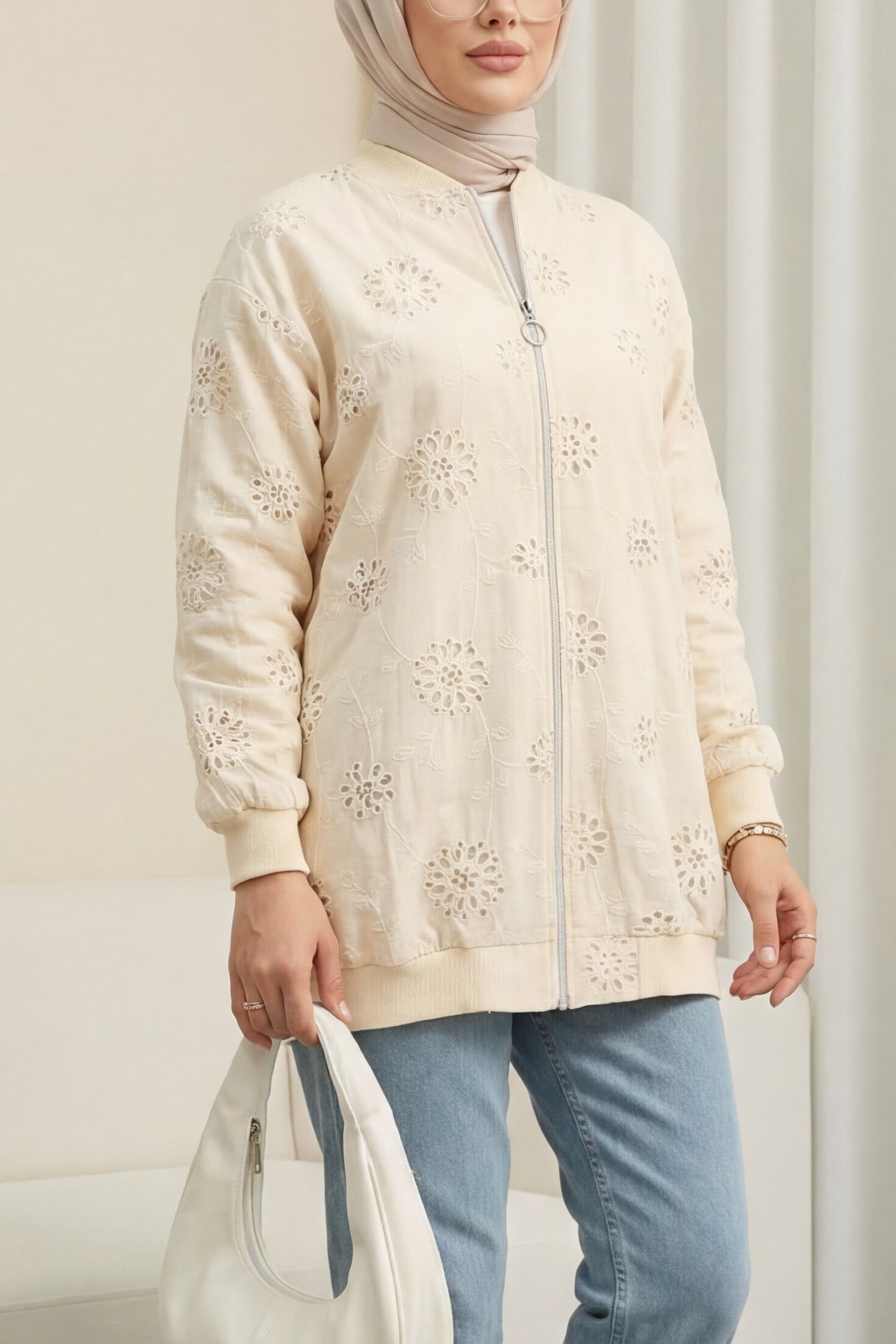 Fermuarlı Astarlı Taş Ve Boncuklu Tunik -Bej
