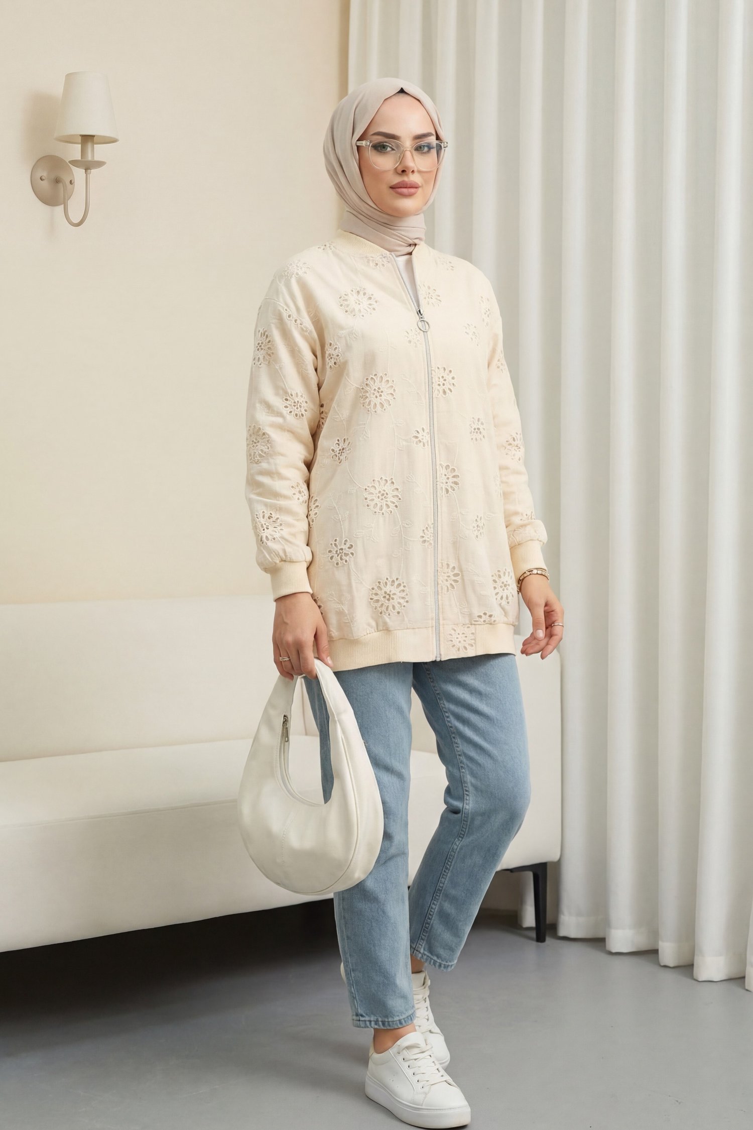 Fermuarlı Astarlı Taş Ve Boncuklu Tunik -Bej