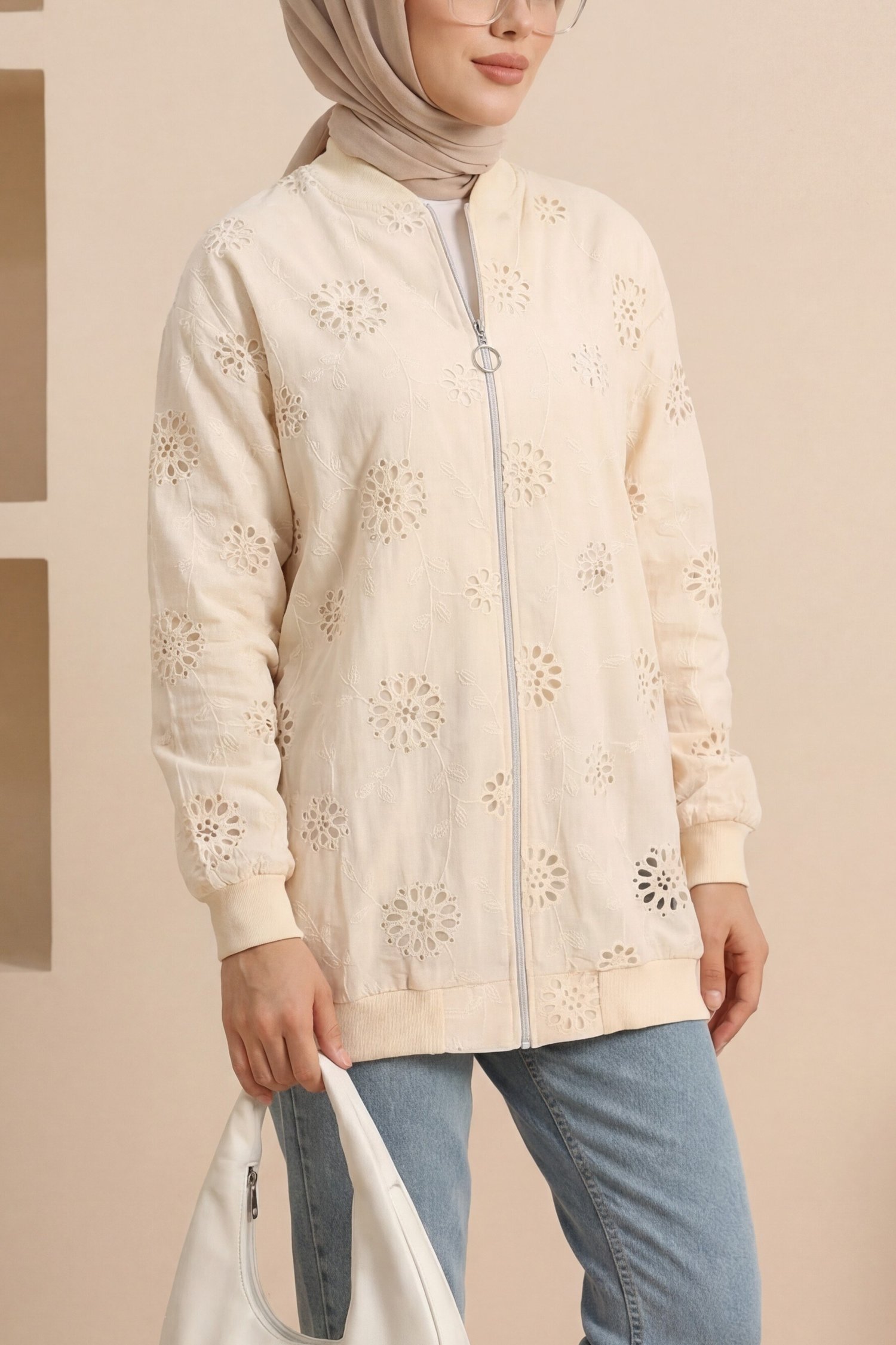 Fermuarlı Astarlı Taş Ve Boncuklu Tunik -Bej
