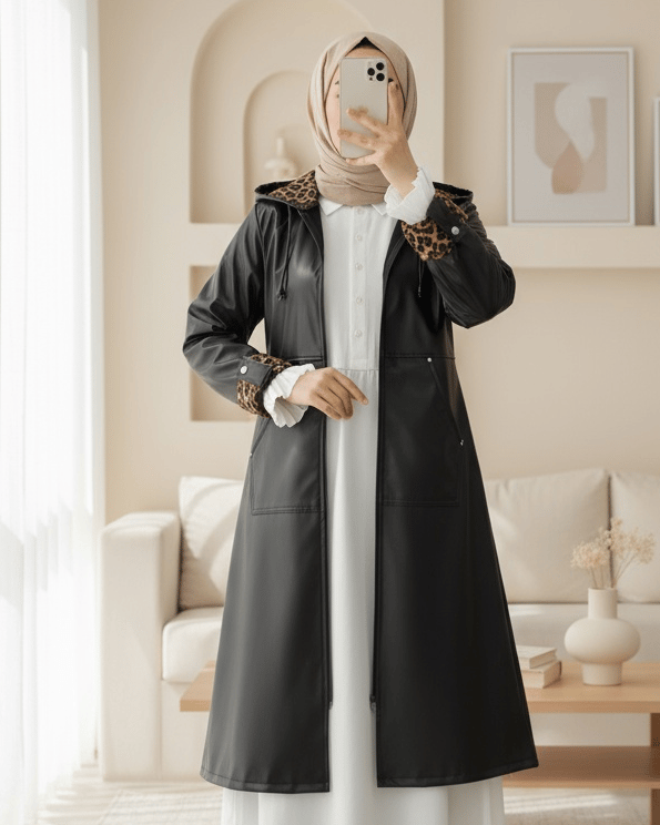 Fermuarlı Kolu Katlamalı Deri Kap -Siyah