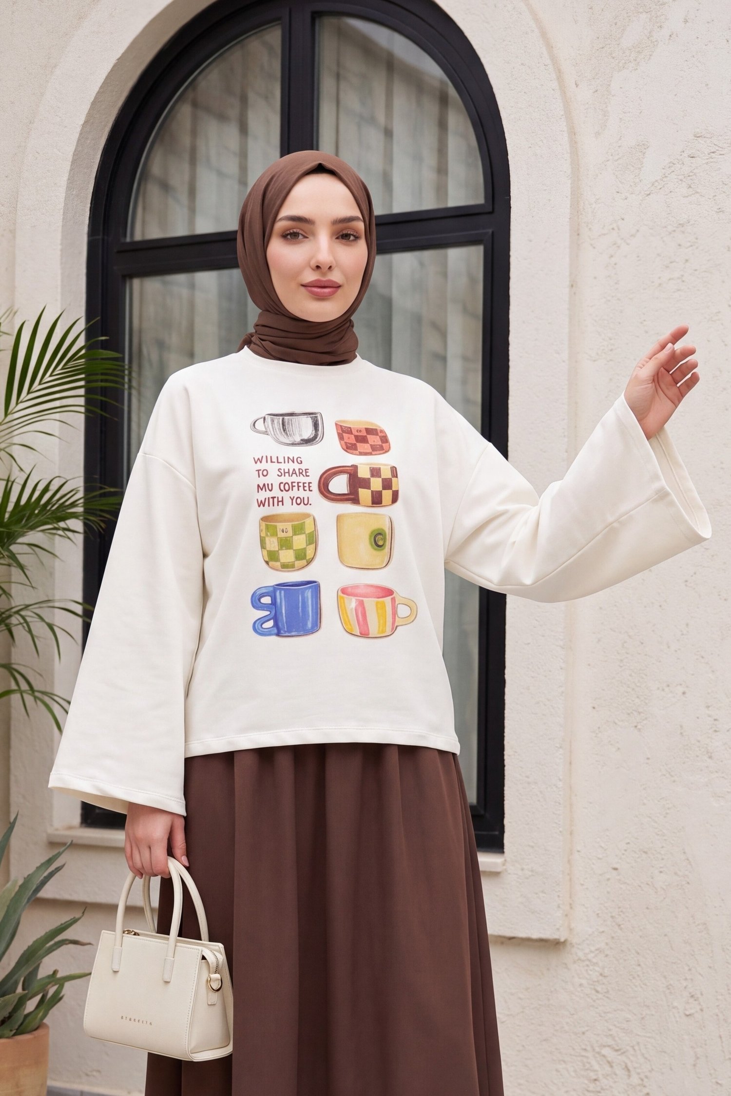 Fincan Baskılı Bisiklet Yaka Oversize 2 İplik Penye Sweatshirt -Ekru