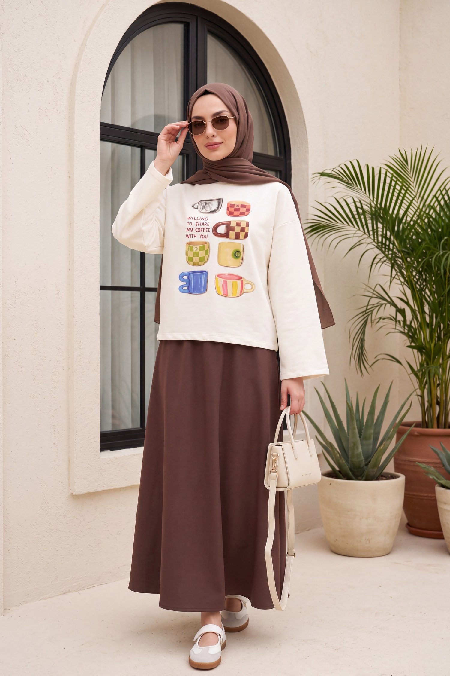 Fincan Baskılı Bisiklet Yaka Oversize 2 İplik Penye Sweatshirt -Ekru