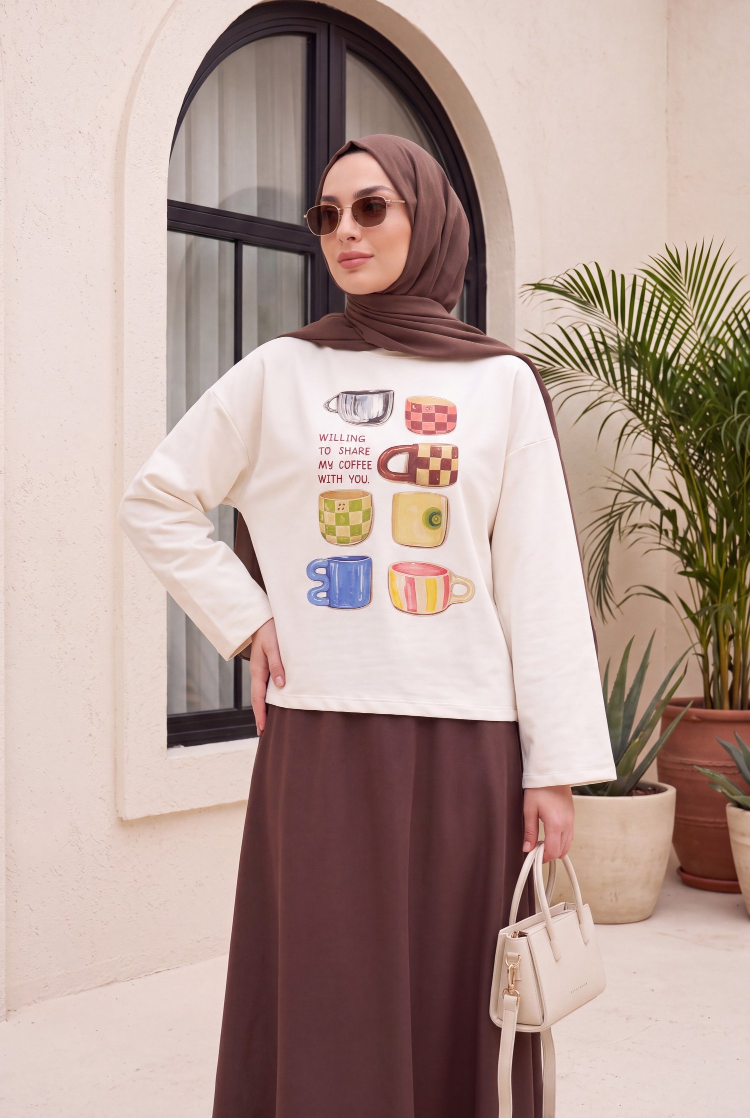 Fincan Baskılı Bisiklet Yaka Oversize 2 İplik Penye Sweatshirt -Ekru