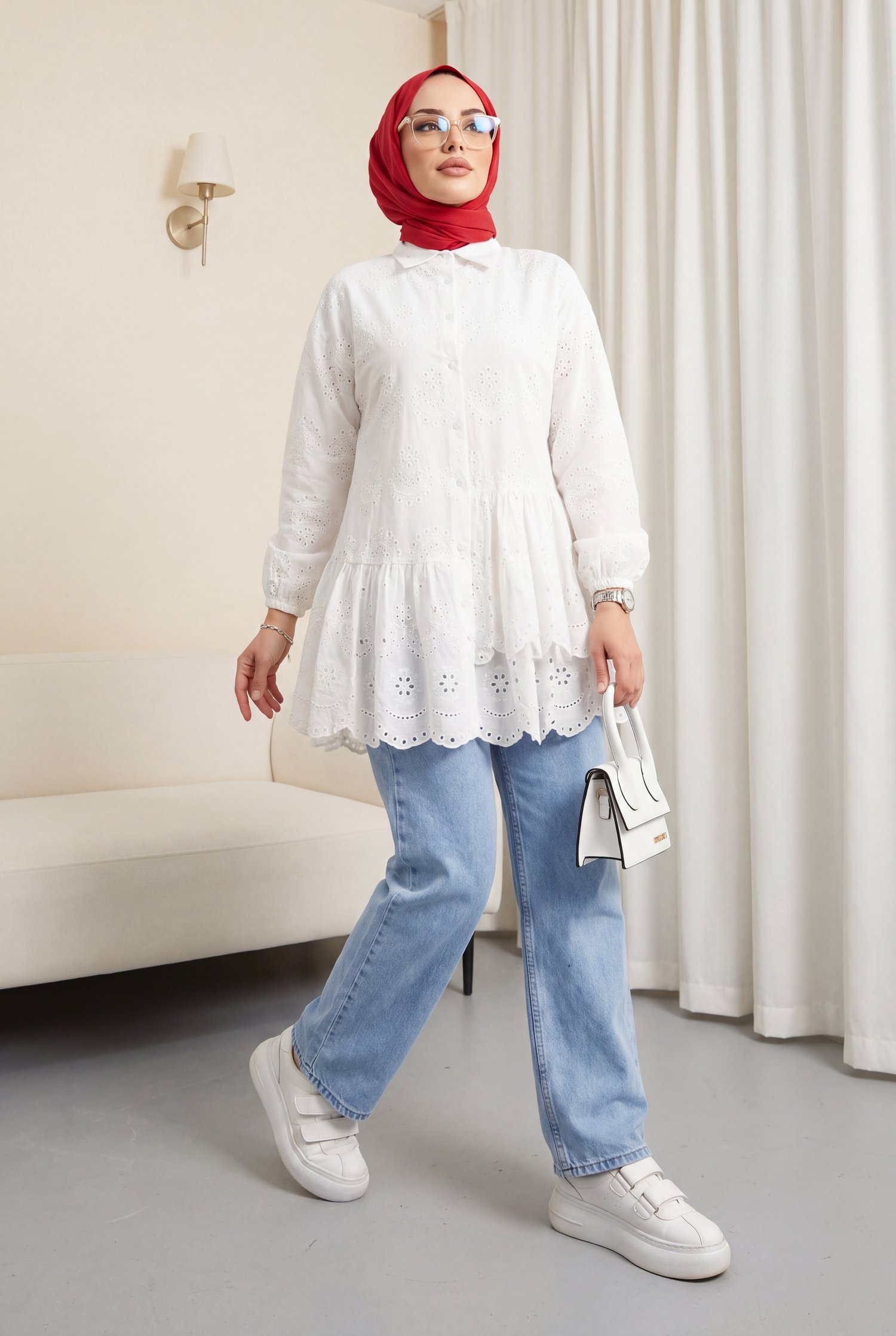 Fırfır Ve Fisto Detaylı İnci Düğmeli Gömlek -Beyaz