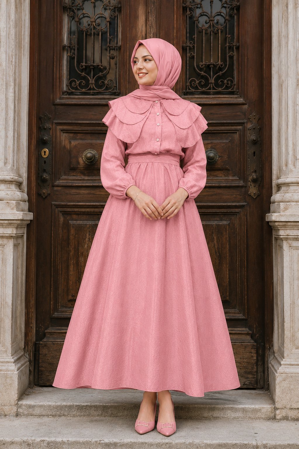 Fırfır ve Kemer Detaylı Elbise - Pembe