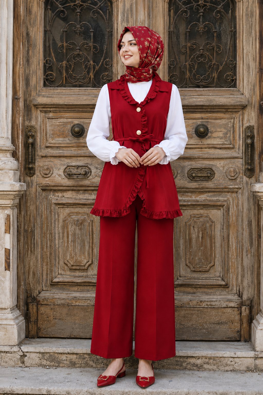 Fırfırlı Düğmeli Yelek Pantolon İkili Takım - Kırmızı