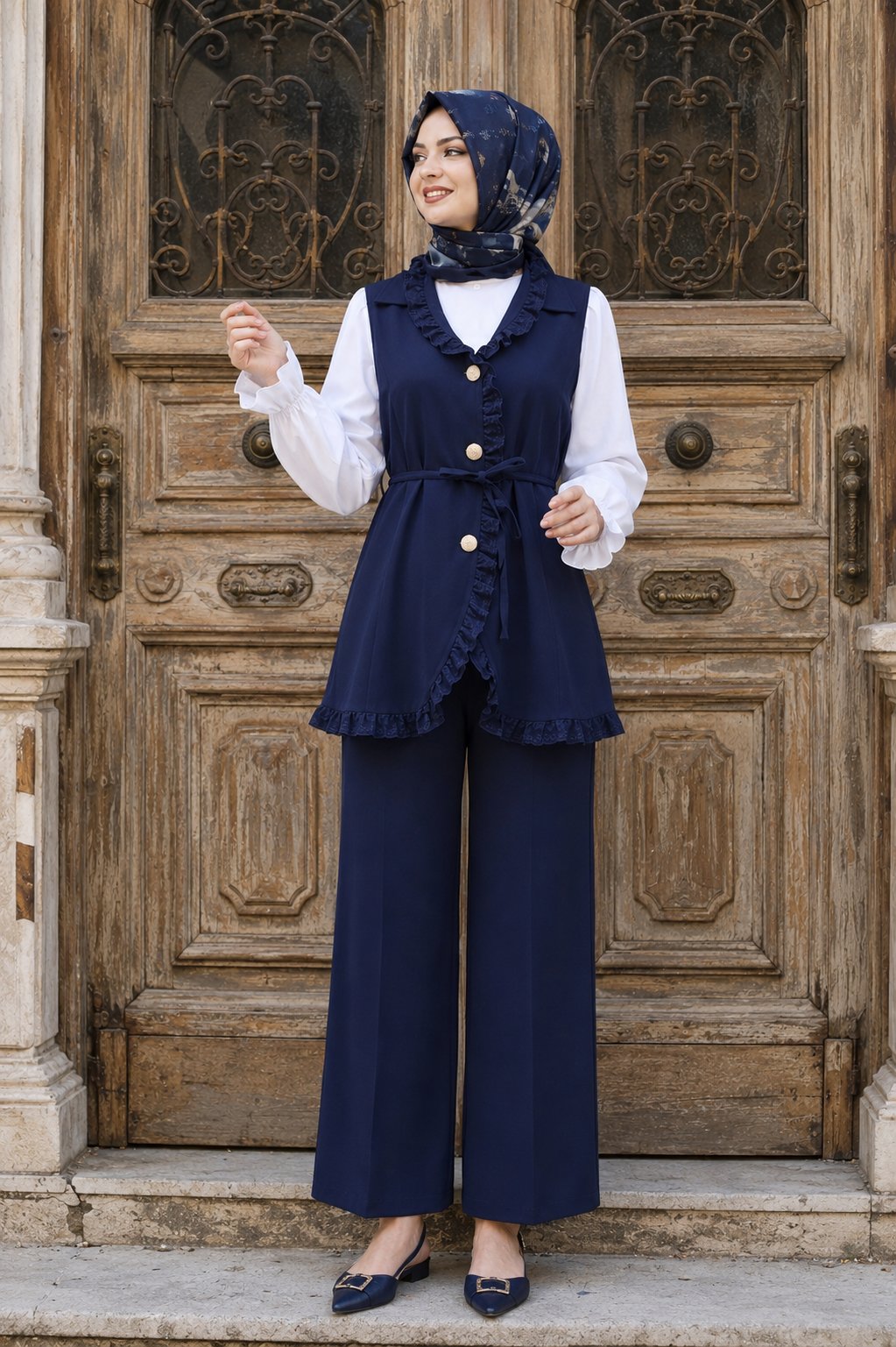 Fırfırlı Düğmeli Yelek Pantolon İkili Takım - Lacivert