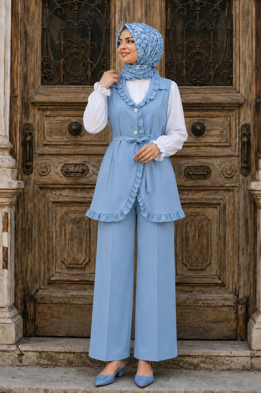 Fırfırlı Düğmeli Yelek Pantolon İkili Takım - Mavi