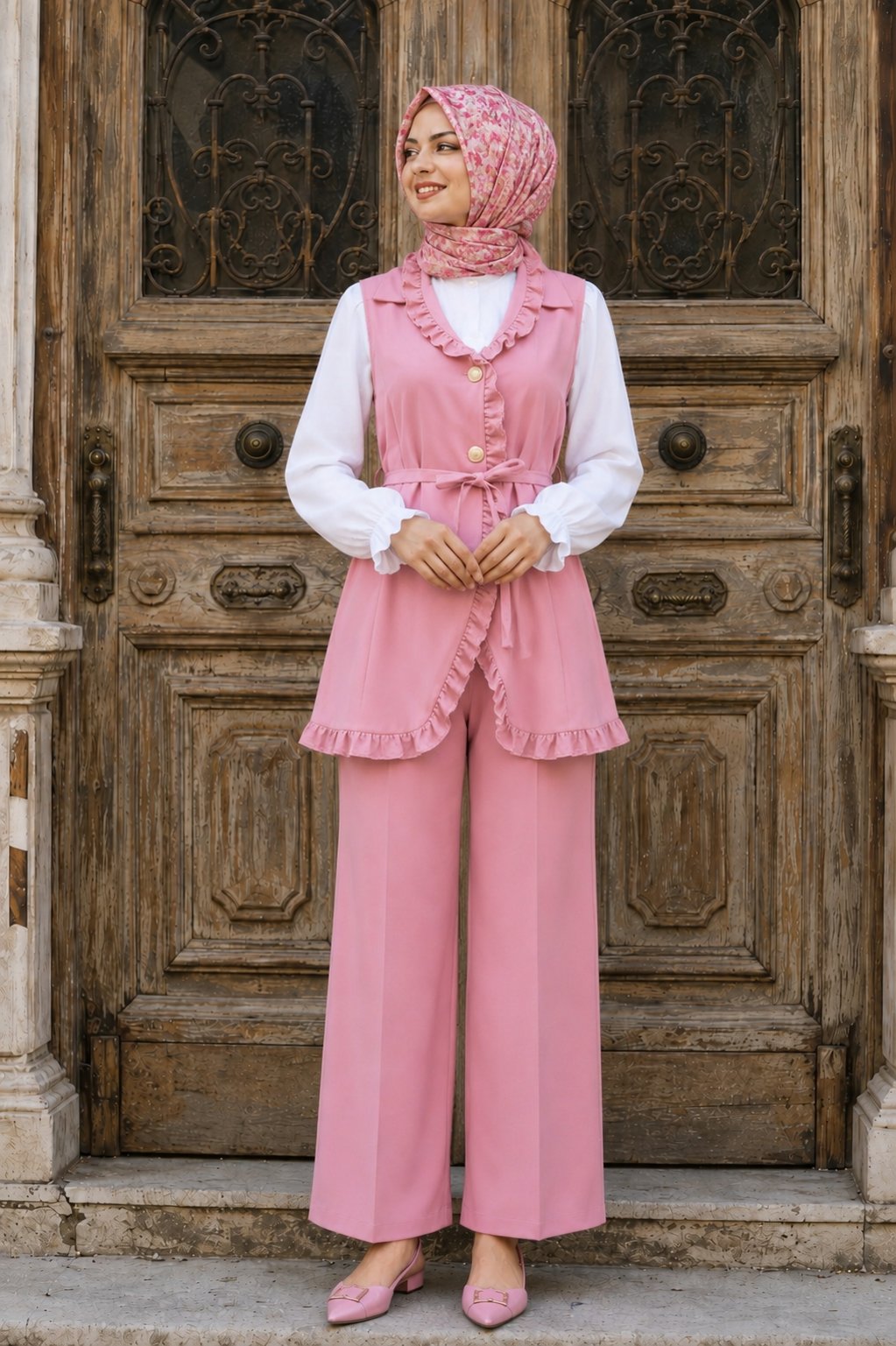 Fırfırlı Düğmeli Yelek Pantolon İkili Takım - Pembe