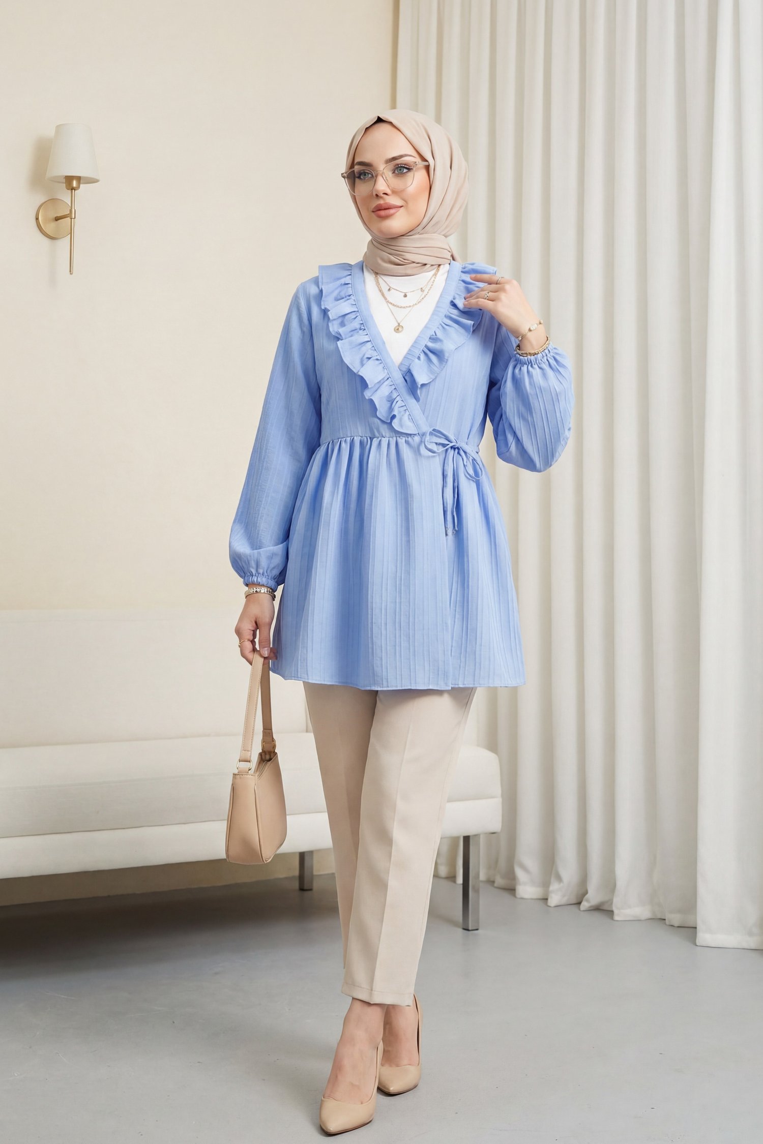 Fırfırlı Önü Bağcıklı Kolu Lastikli Kimono  -Mavi