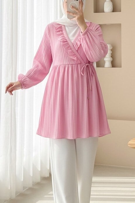 Fırfırlı Önü Bağcıklı Kolu Lastikli Kimono  -Pudra