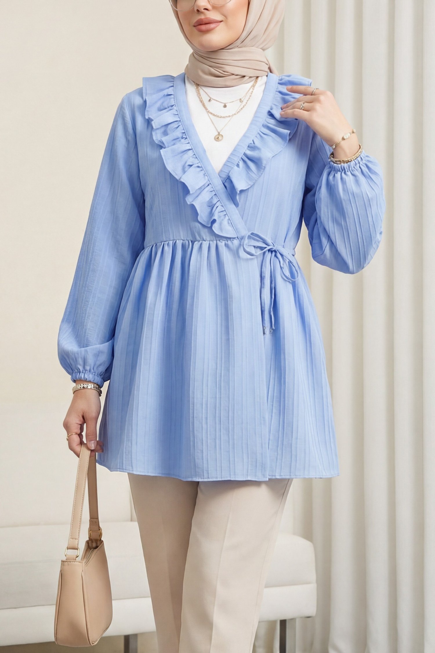 Fırfırlı Önü Bağcıklı Kolu Lastikli Kimono  -Mavi