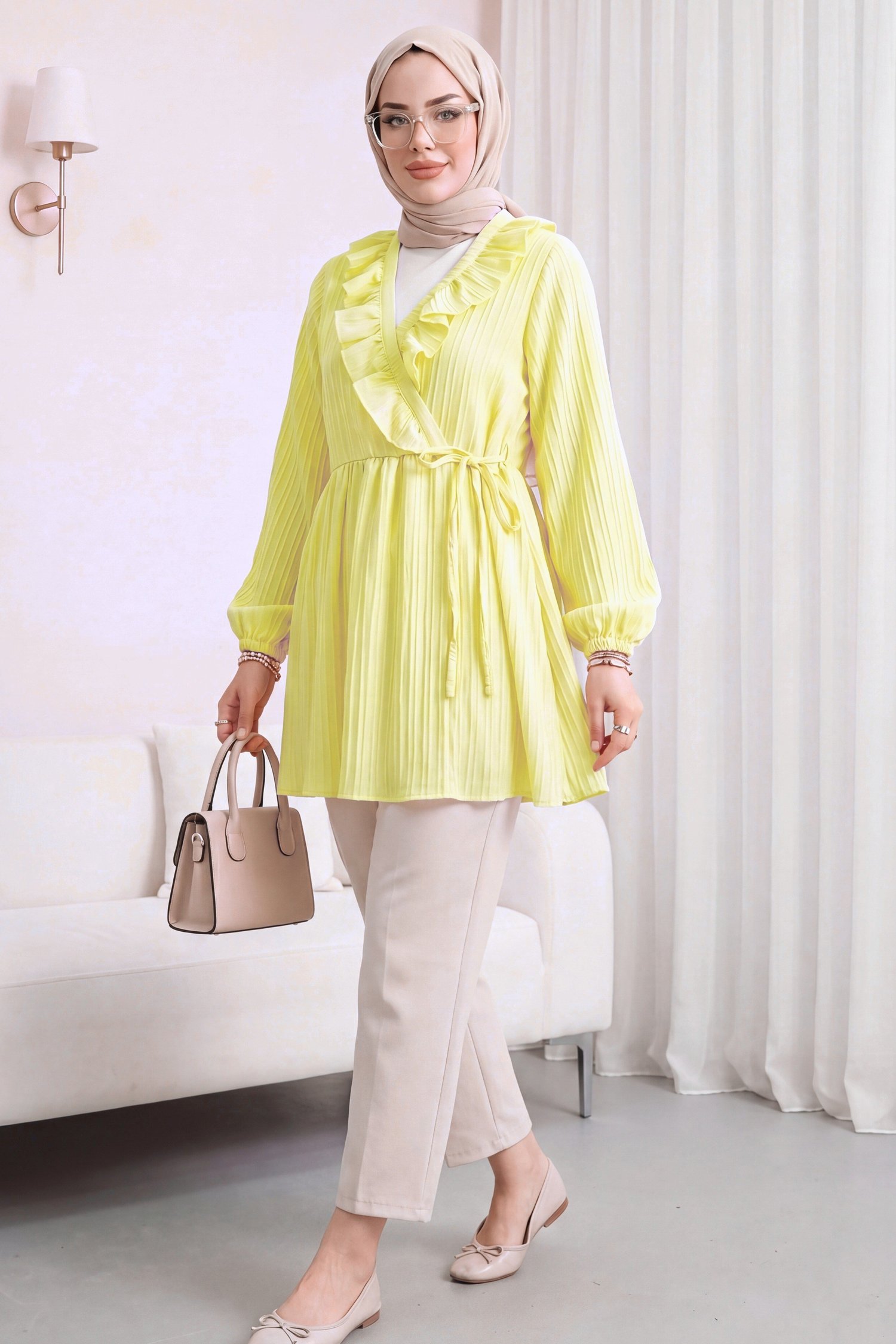 Fırfırlı Önü Bağcıklı Kolu Lastikli Kimono  -Sarı
