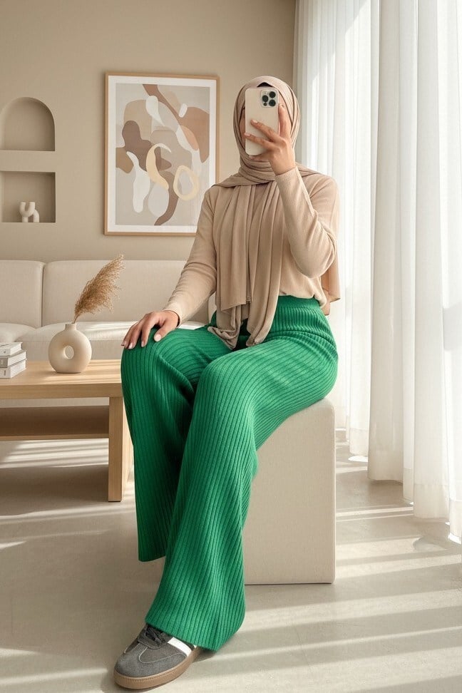 Fitilli Triko Pantolon -Yeşil