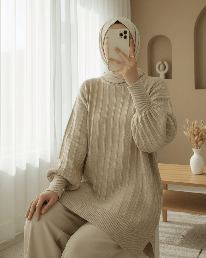 Fitilli Yırtmaçlı Yumoş Triko Tunik -Açık Vizon