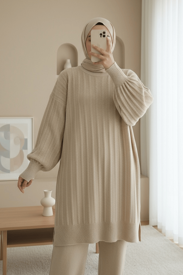 Fitilli Yırtmaçlı Yumoş Triko Tunik -Açık Vizon