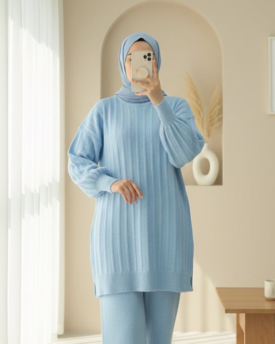 Fitilli Yırtmaçlı Yumoş Triko Tunik -Açık Mavi
