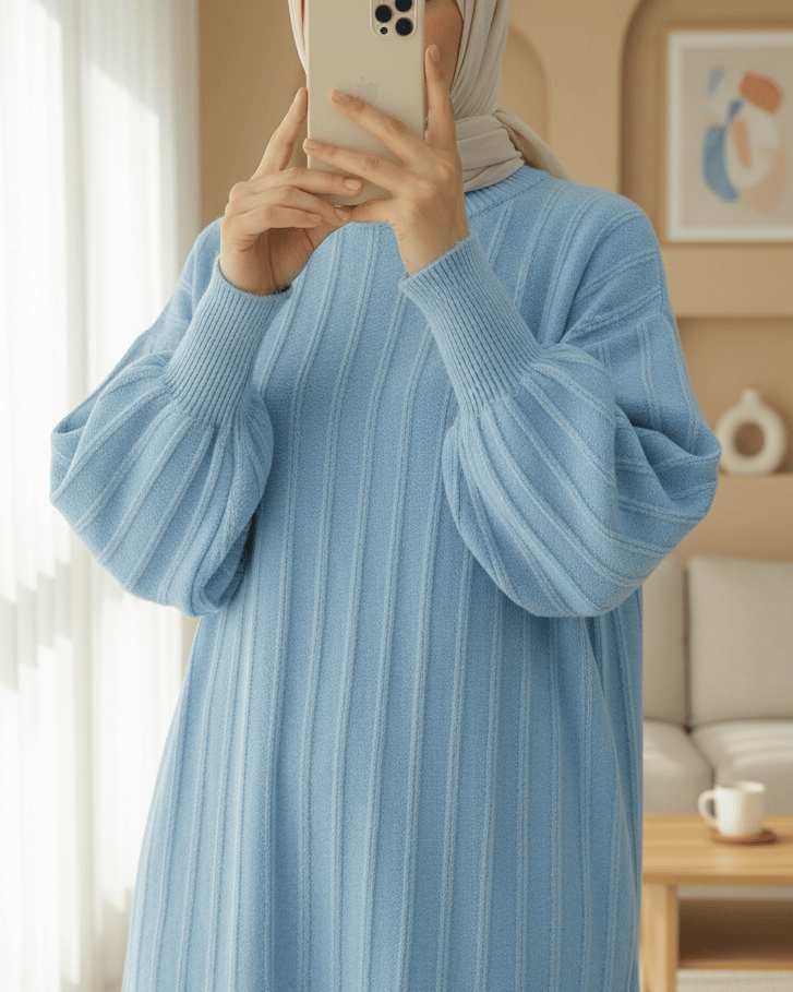 Fitilli Yırtmaçlı Yumoş Triko Tunik -Açık Mavi