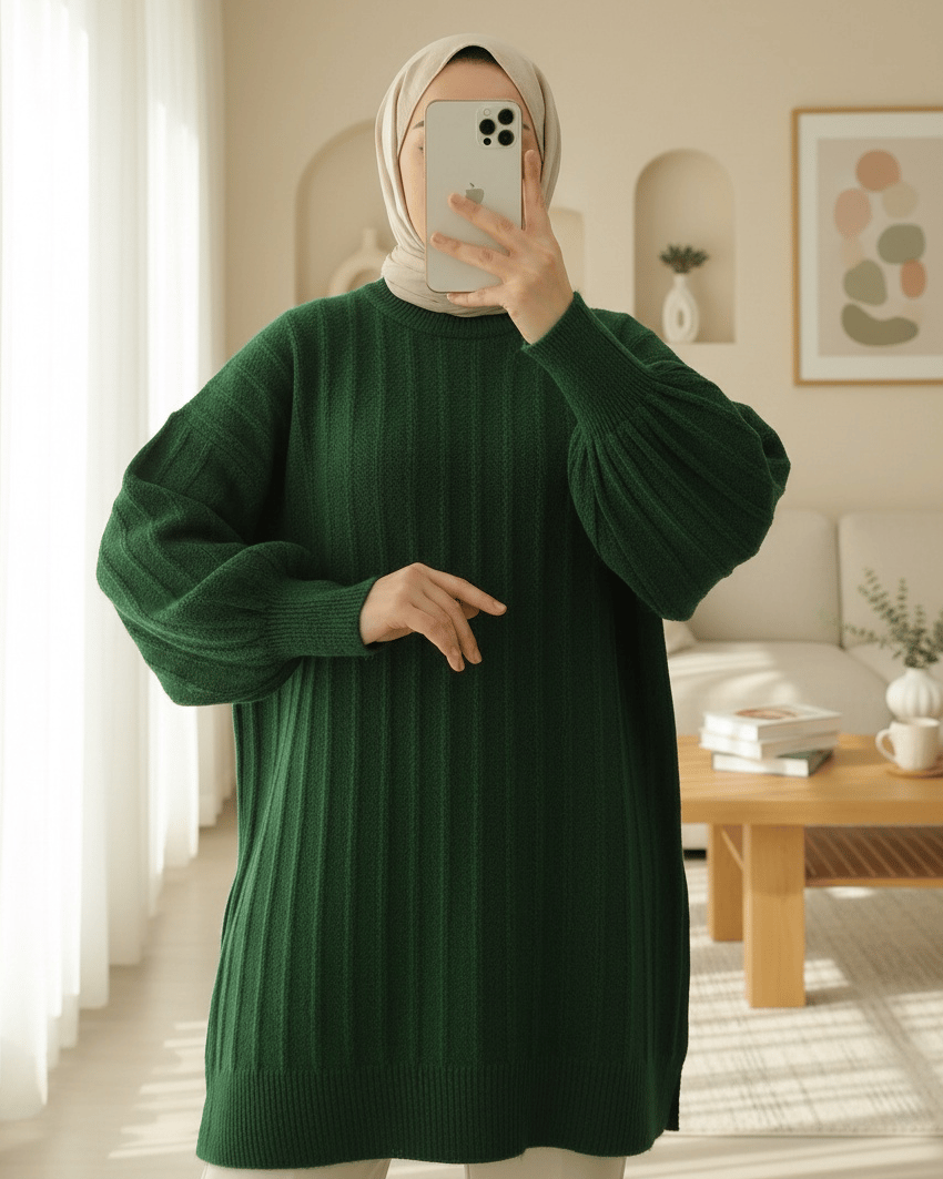 Fitilli Yırtmaçlı Yumoş Triko Tunik -Koyu Yeşil
