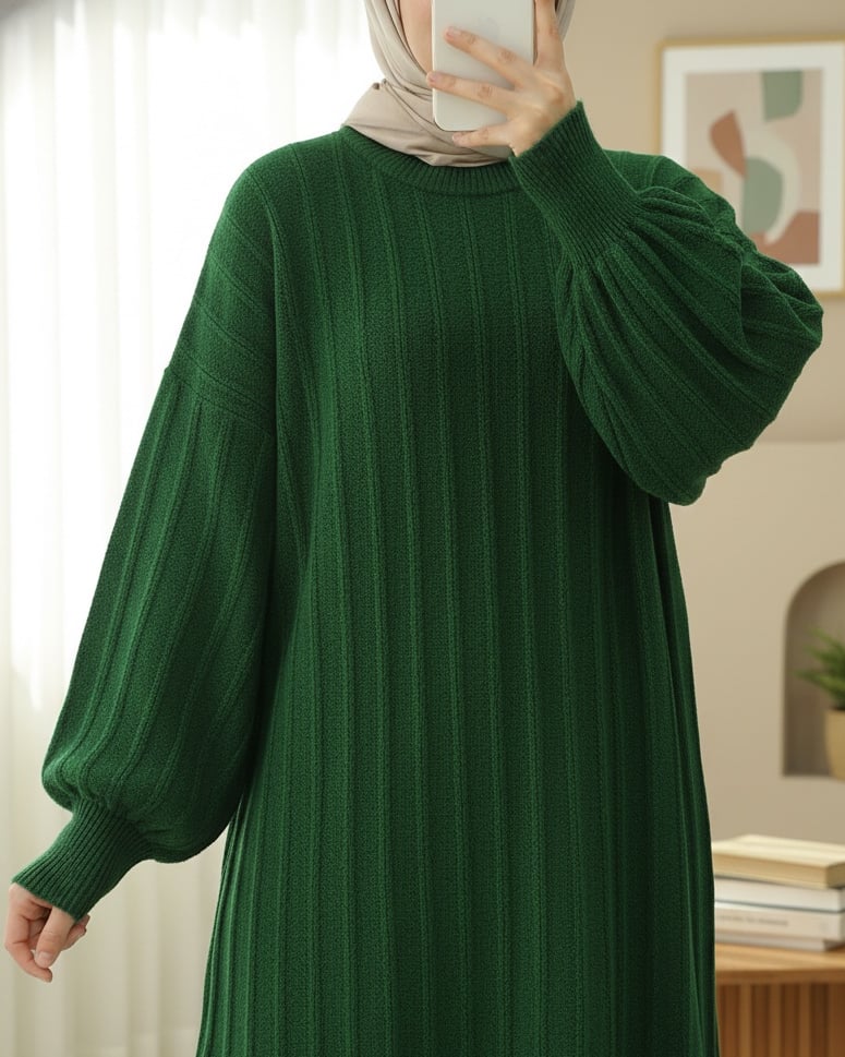 Fitilli Yırtmaçlı Yumoş Triko Tunik -Koyu Yeşil