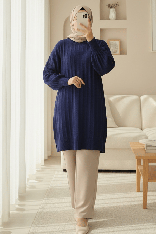 Fitilli Yırtmaçlı Yumoş Triko Tunik -Laci