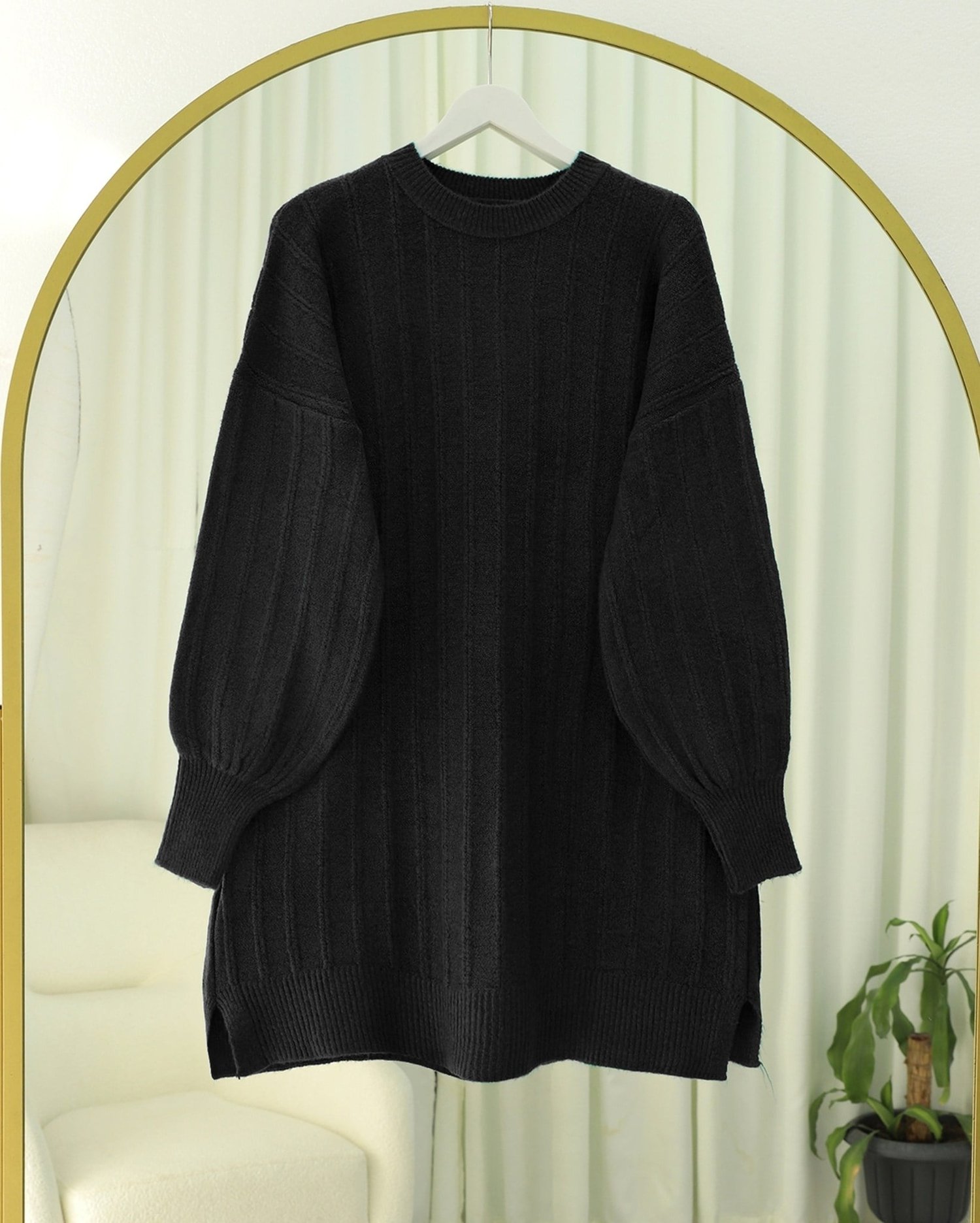 Fitilli Yırtmaçlı Yumoş Triko Tunik -Siyah