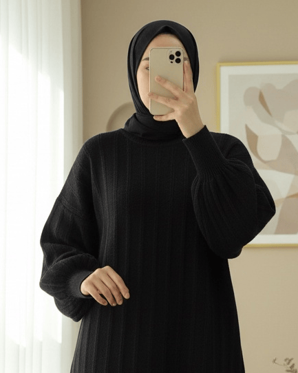 Fitilli Yırtmaçlı Yumoş Triko Tunik -Siyah