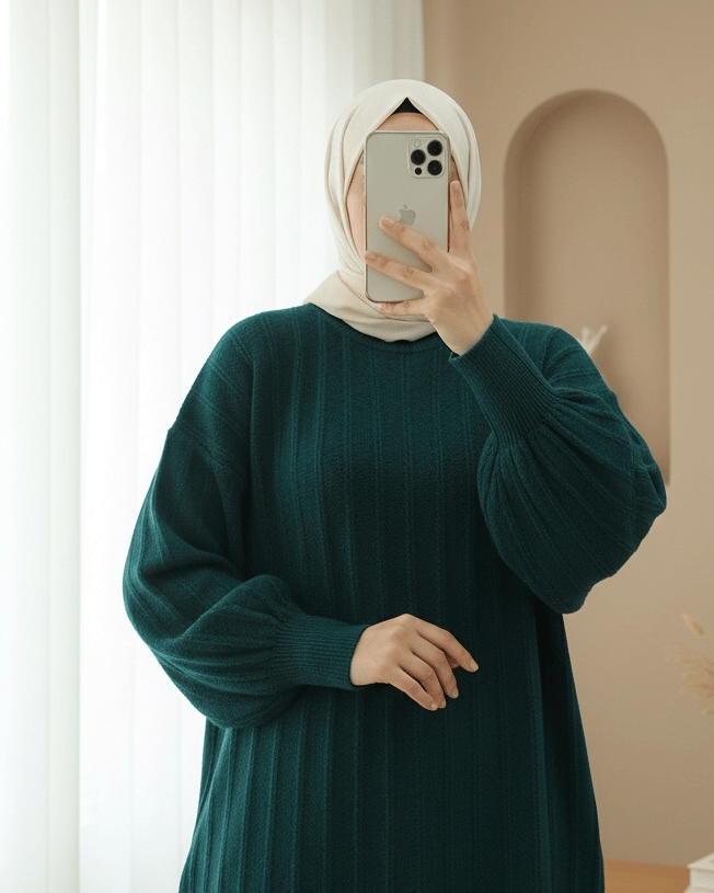 Fitilli Yırtmaçlı Yumoş Triko Tunik -Zümrüt