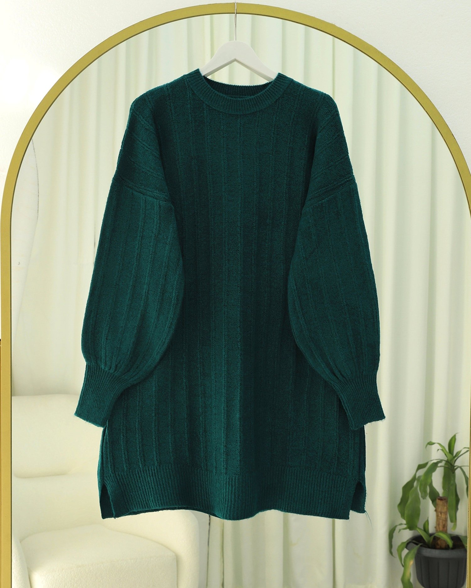 Fitilli Yırtmaçlı Yumoş Triko Tunik -Zümrüt