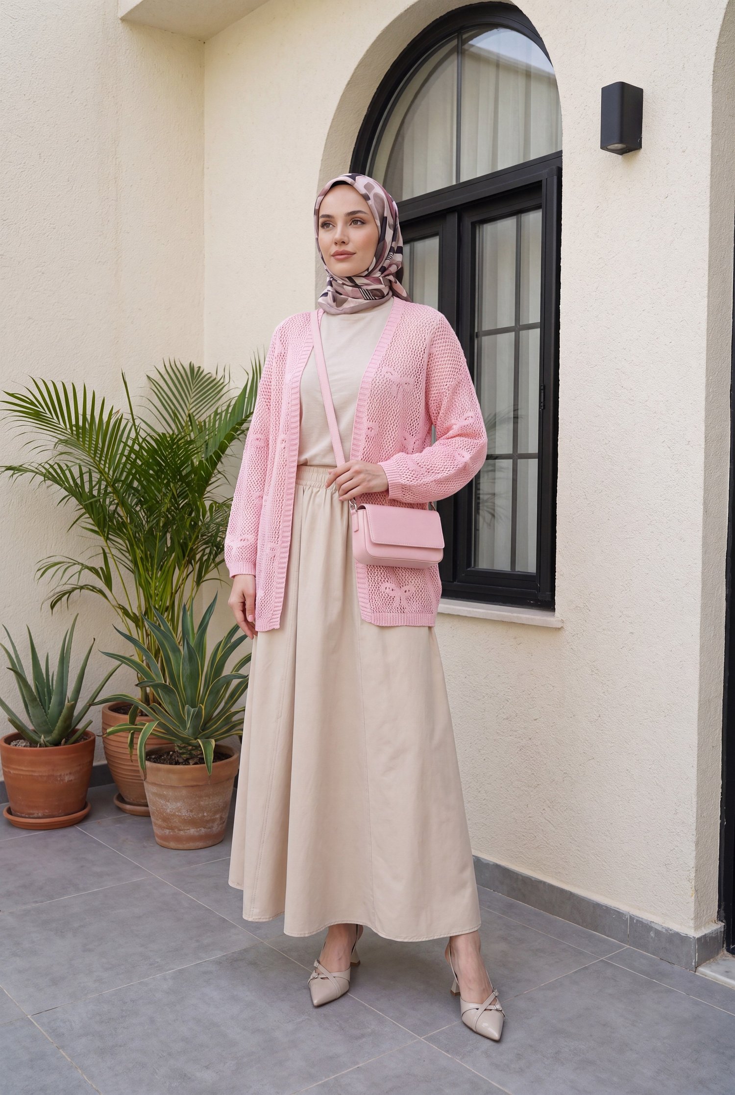Fiyonk Desenli Ajurlu Triko Hırka   -Pembe