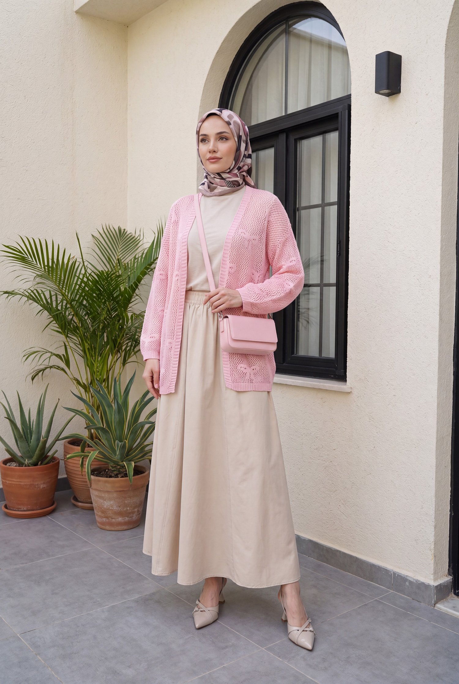Fiyonk Desenli Ajurlu Triko Hırka   -Pembe
