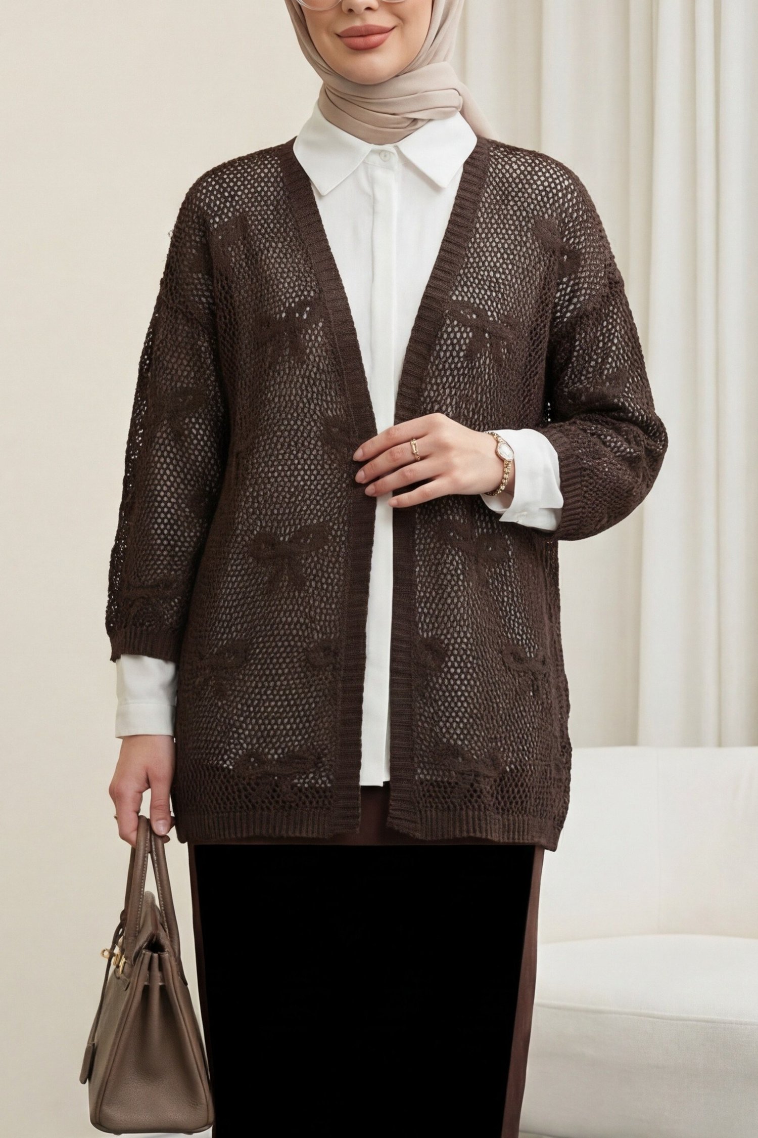 Fiyonk Desenli Ajurlu Triko Hırka -K. Kahve