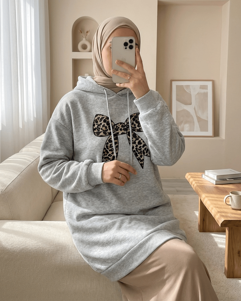 Fiyonk Detaylı Kapşonlu Penye Sweat  -Açık Gri