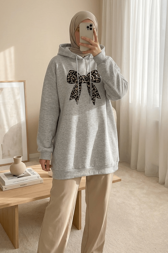 Fiyonk Detaylı Kapşonlu Penye Sweat  -Açık Gri