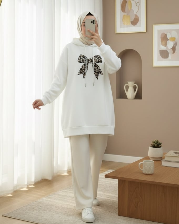 Fiyonk Detaylı Kapşonlu Penye Sweat -Beyaz