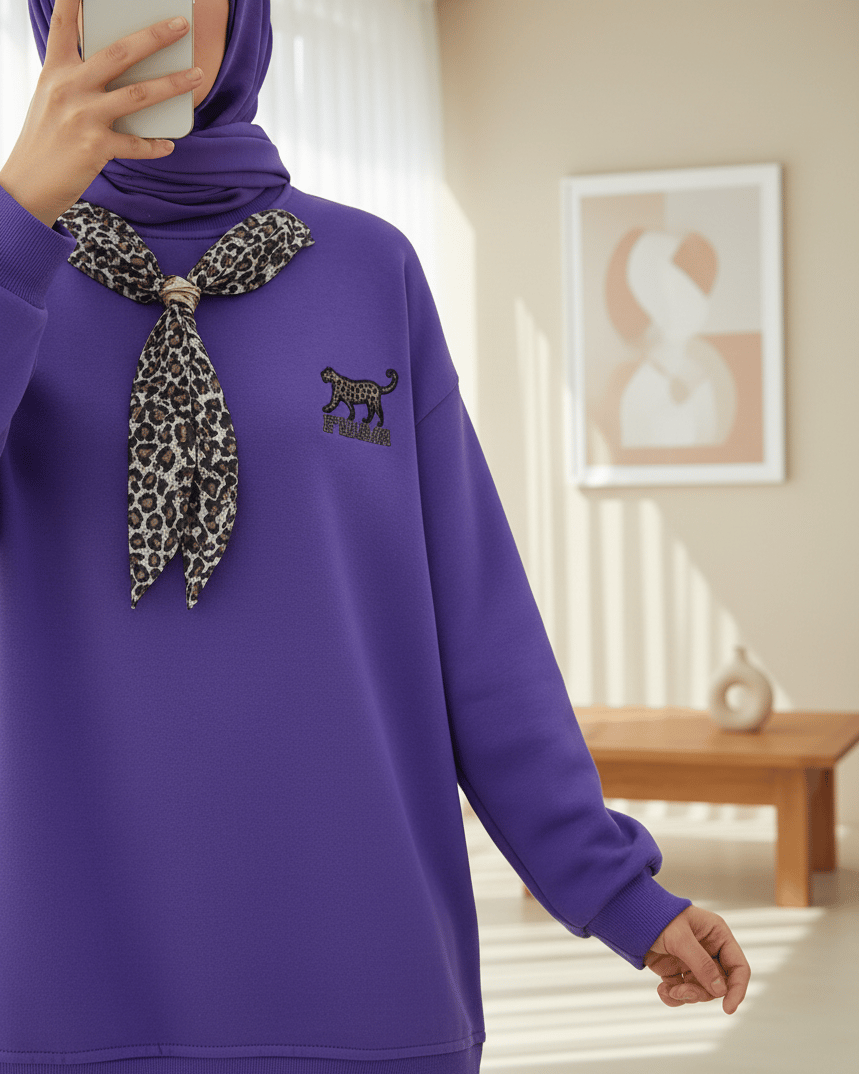 Fularlı Leopar Armalı 3 İplik Sweat  -Mor