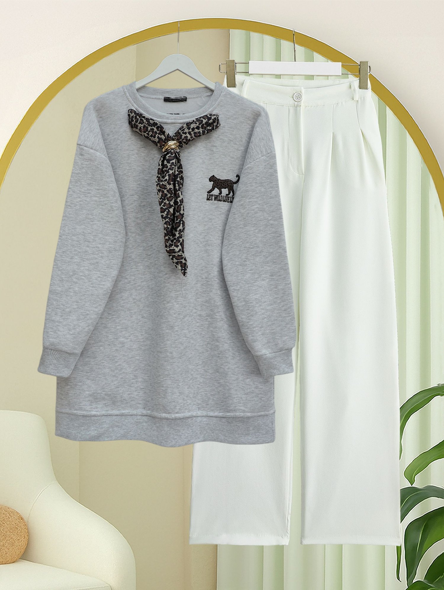 Fularlı Leopar Armalı 3 İplik Sweat -Açık Gri