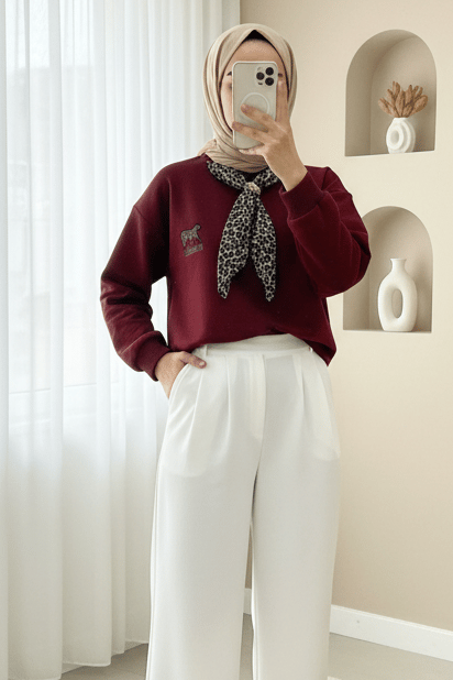 Fularlı Leopar Armalı 3 İplik Sweat -Bordo