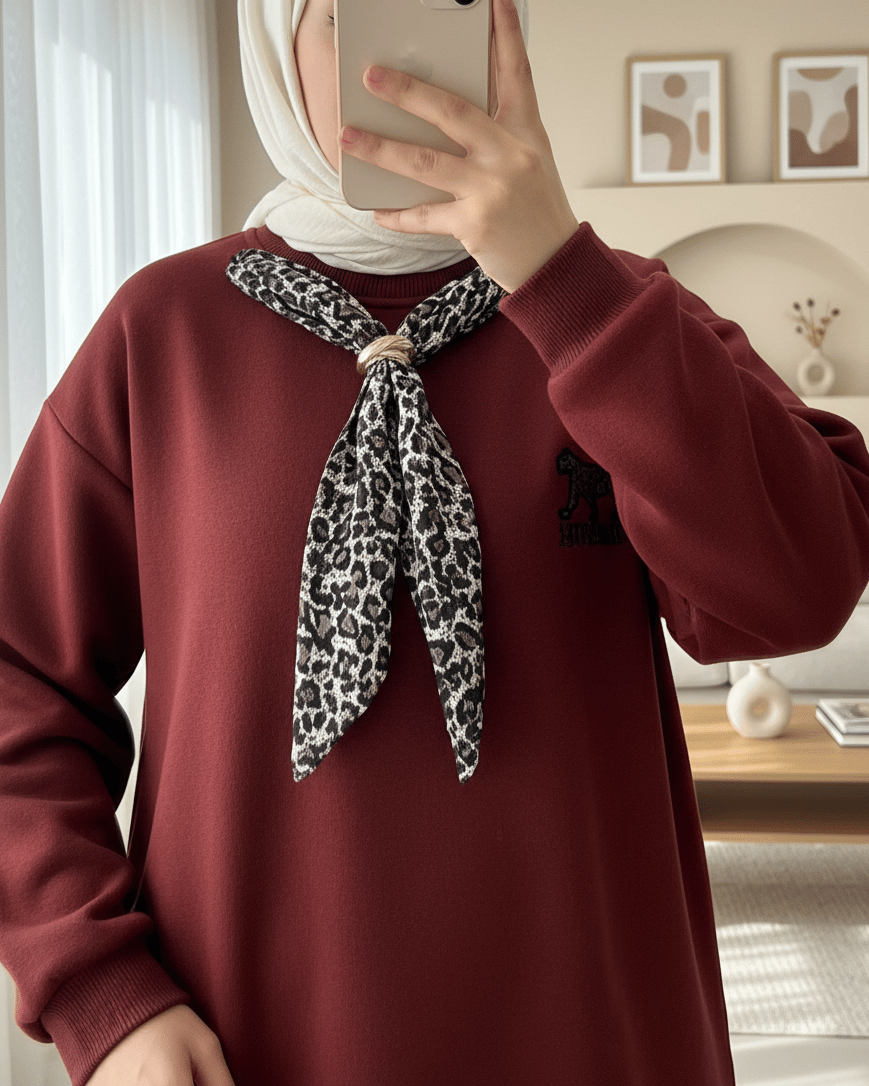 Fularlı Leopar Armalı 3 İplik Sweat -Bordo