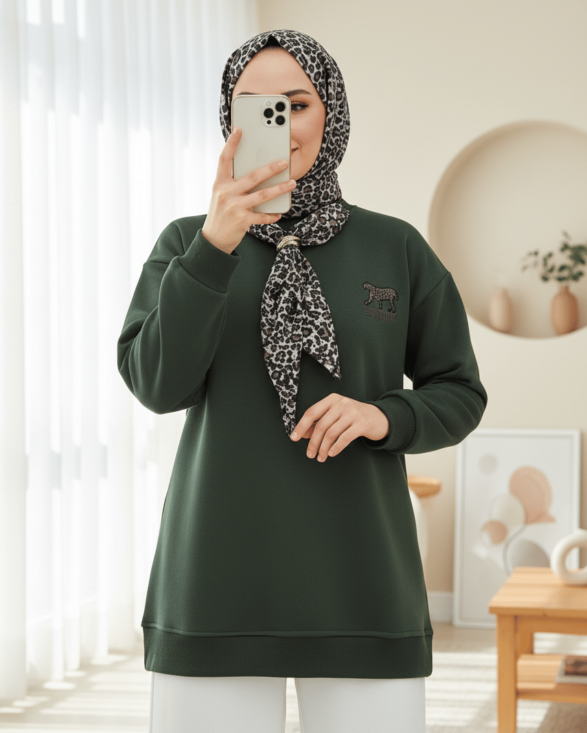 Fularlı Leopar Armalı 3 İplik Sweat -Haki