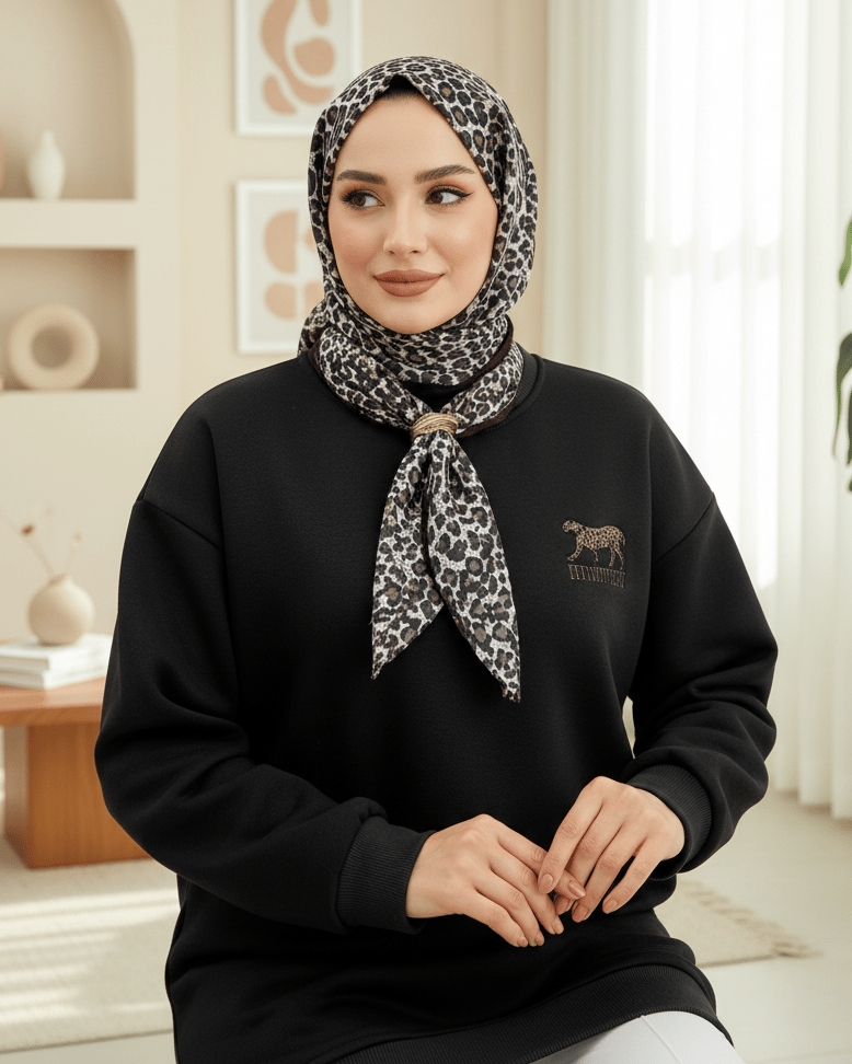 Fularlı Leopar Armalı 3 İplik Sweat -Siyah