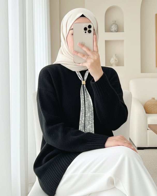 Fularlı Yumoş Triko Kazak -Siyah