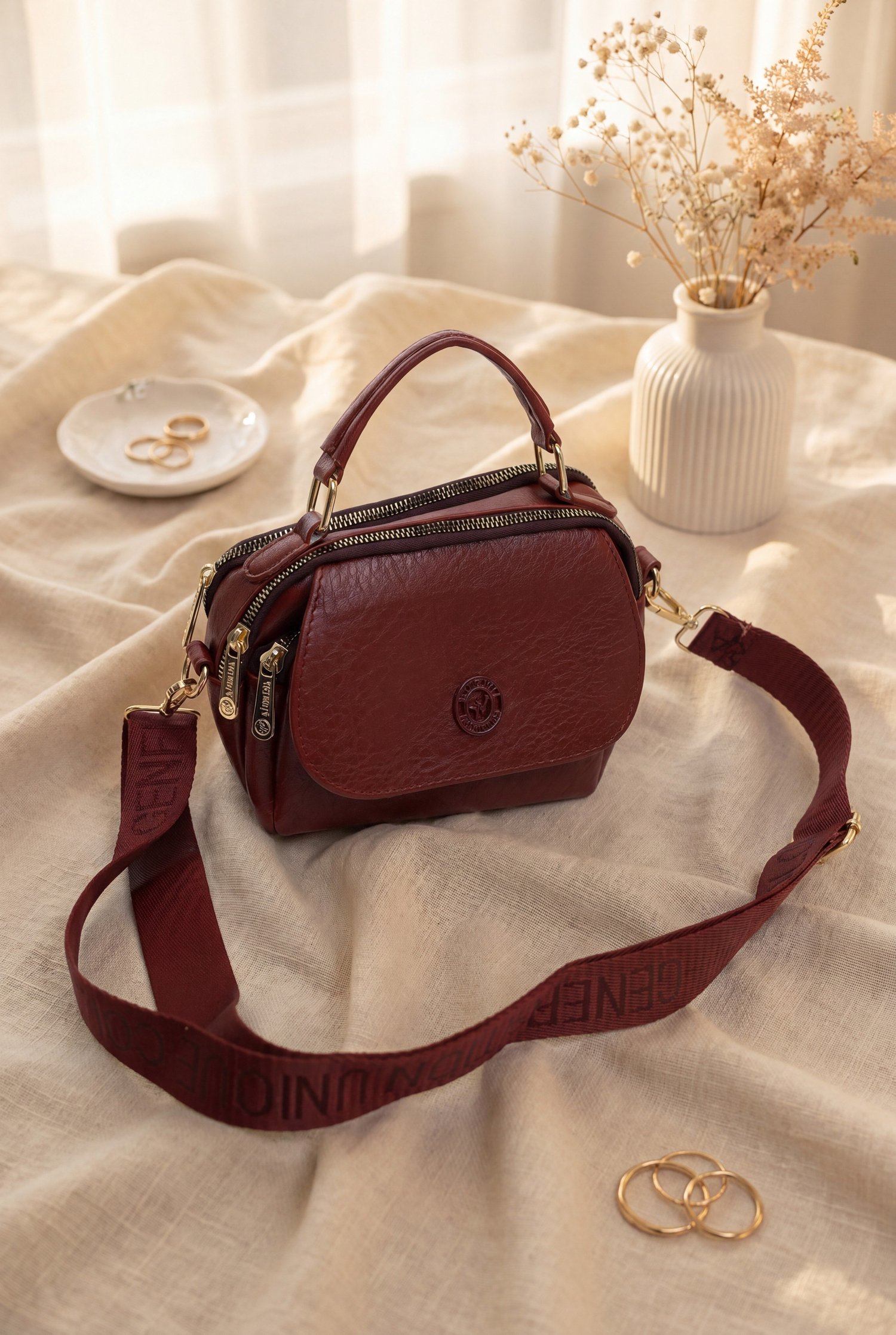 Geniş Dokuma Askılı Çok Bölmeli Çapraz Kadın Çanta -Bordo
