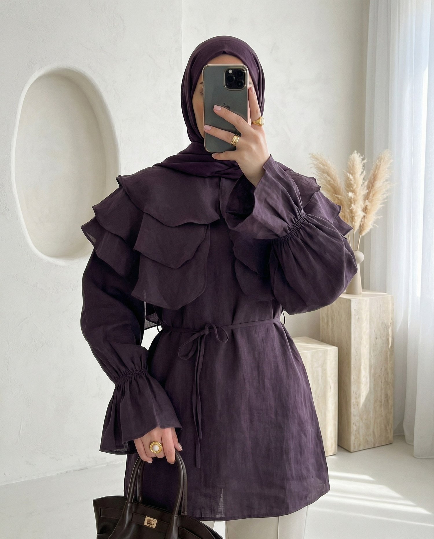 Geniş Katlı Yakalı Bileği Lastikli Beli Bağlamalı Yırtmaçlı Tunik  -Mürdüm