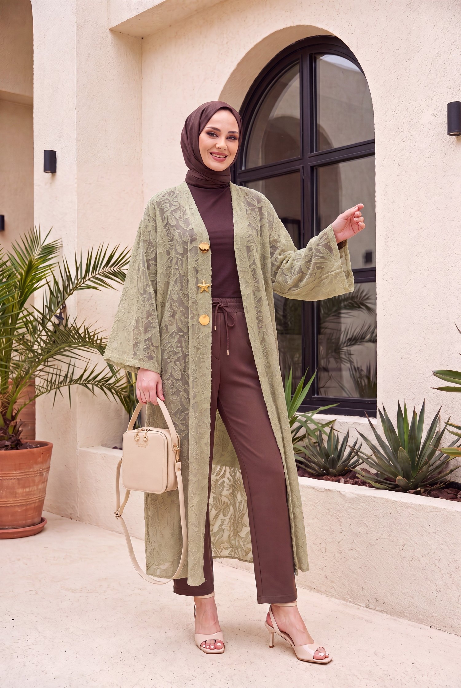 Geniş Kol Bağcıklı Broşlu Jakarlı Uzun Kimono -Çağla Yeşili