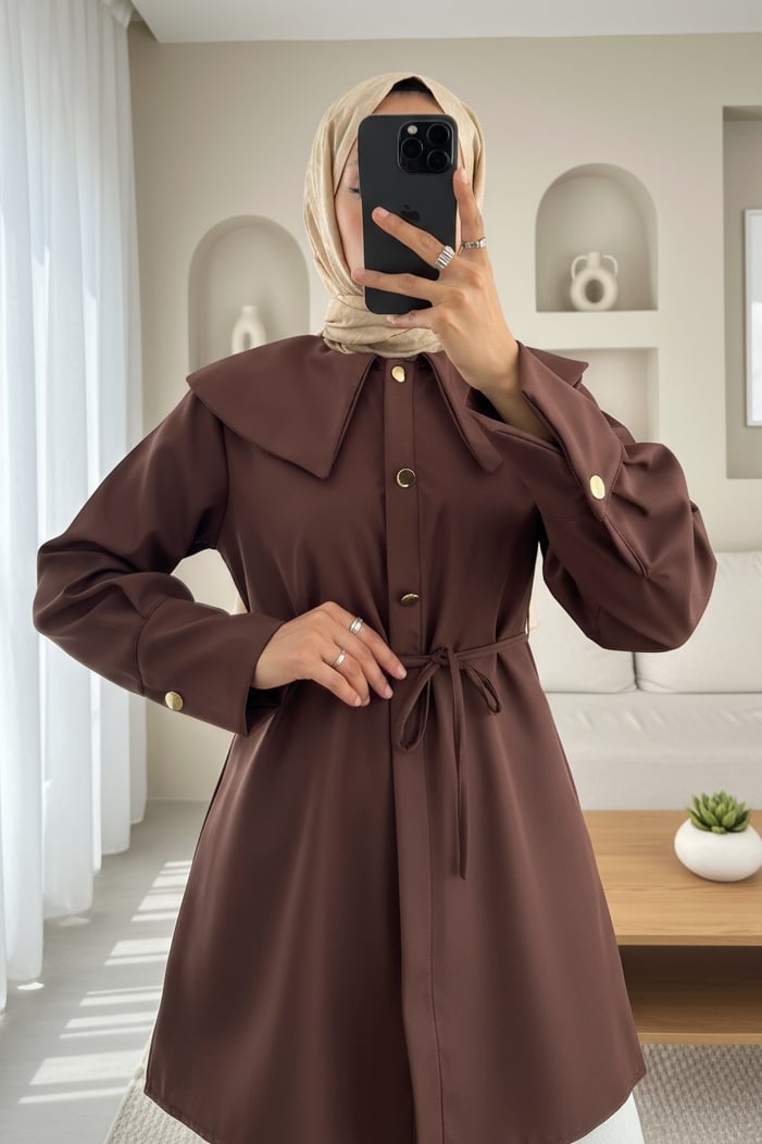 Geniş Yakalı Beli Bağlamalı Bonding Kap -Kahve
