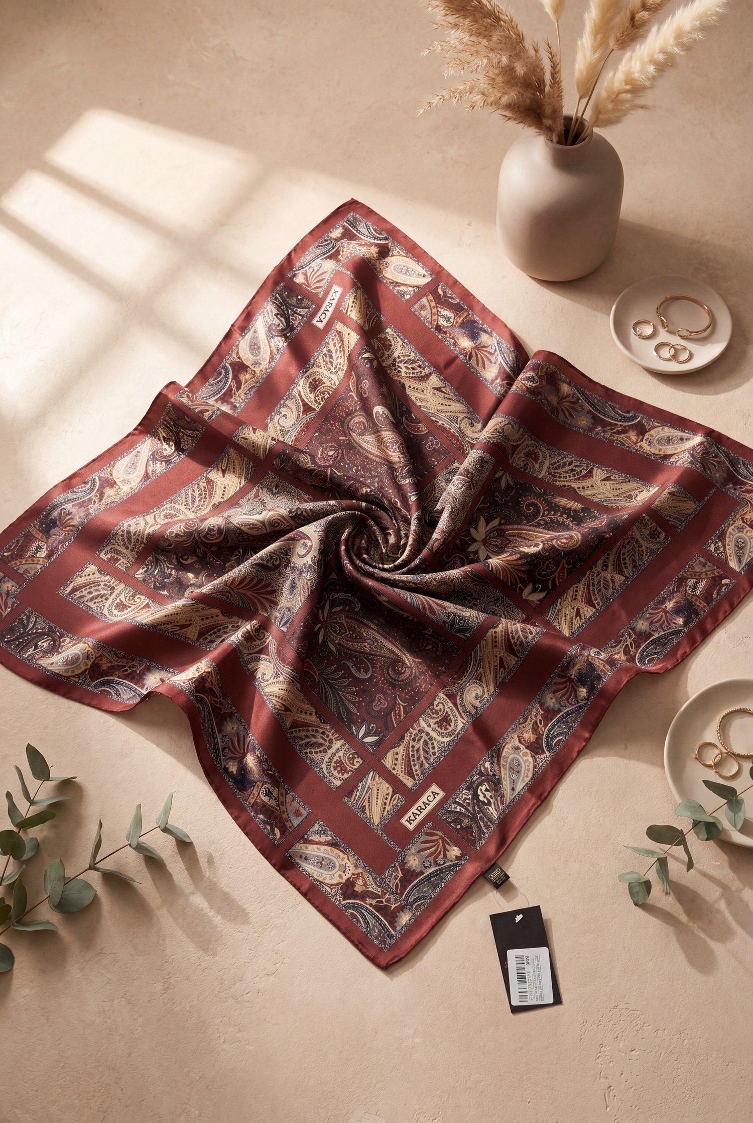 Geometrik Çerçeveli Rayon Eşarp -Bordo